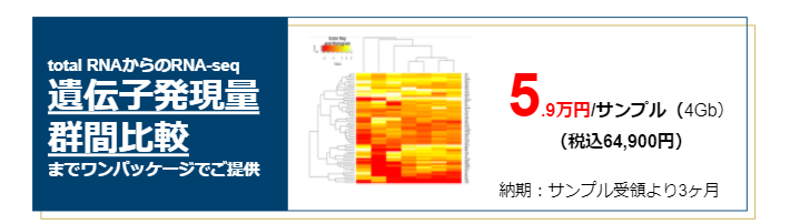 total RNAからのRNA-seq遺伝子発現量群間比較までワンパッケージでご提供5.9万円/サンプル(4Gb)(税込64,900円)
