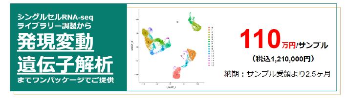 シングルセル化した細胞からのシングルセルRNA-seq発現変動遺伝子解析までワンパッケージでご提供110万円/サンプル（税込1,210,000円）